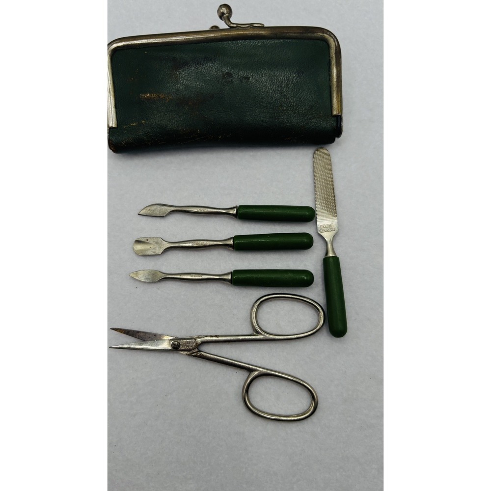 VTG W. Germany 5 pc pocket manicure set Grn leather marked tools MCM Kie 30